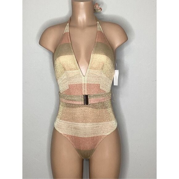 New. WET gold metallic stripe swimsuit. Small. Retails $208 - Picture 4 of 9